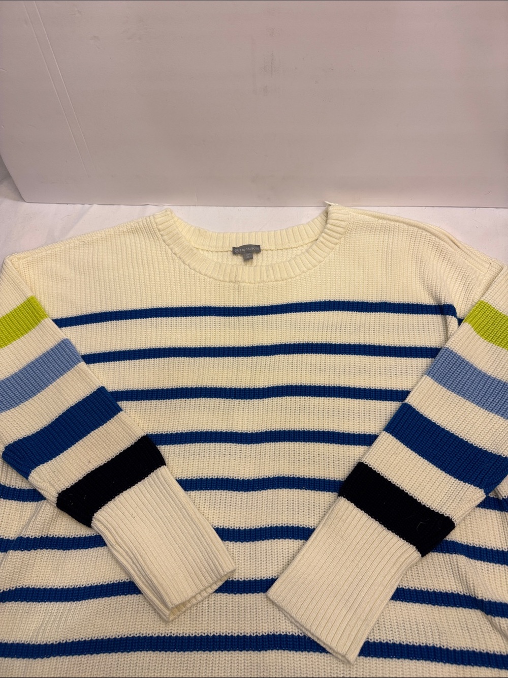 Talbots Cream Crewneck Sweater with Blue, Navy and Lime Stripes